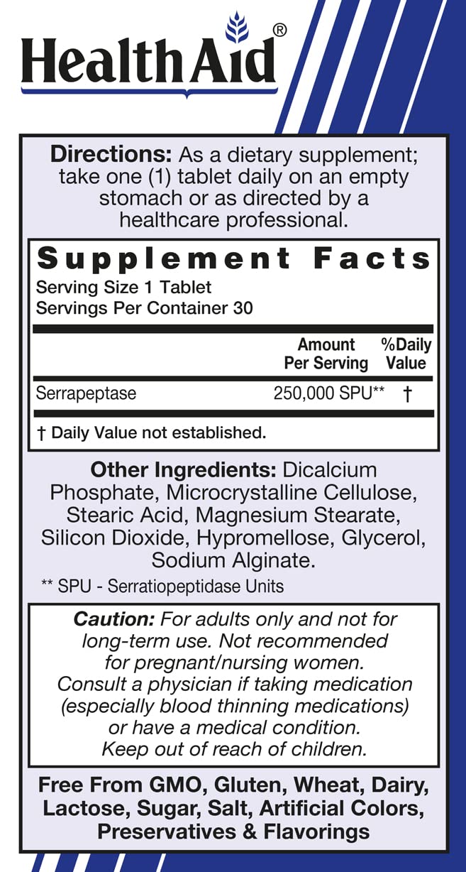 HealthAid Serrapeptase 250,000 SPU, 30 Tablets