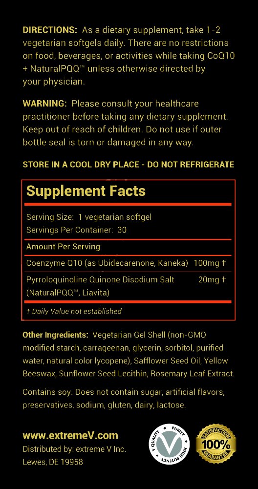 Extreme V, Inc CoQ10 QQ CoQ10 with Natural PQQ Vegetarian Softgels, 30 Count