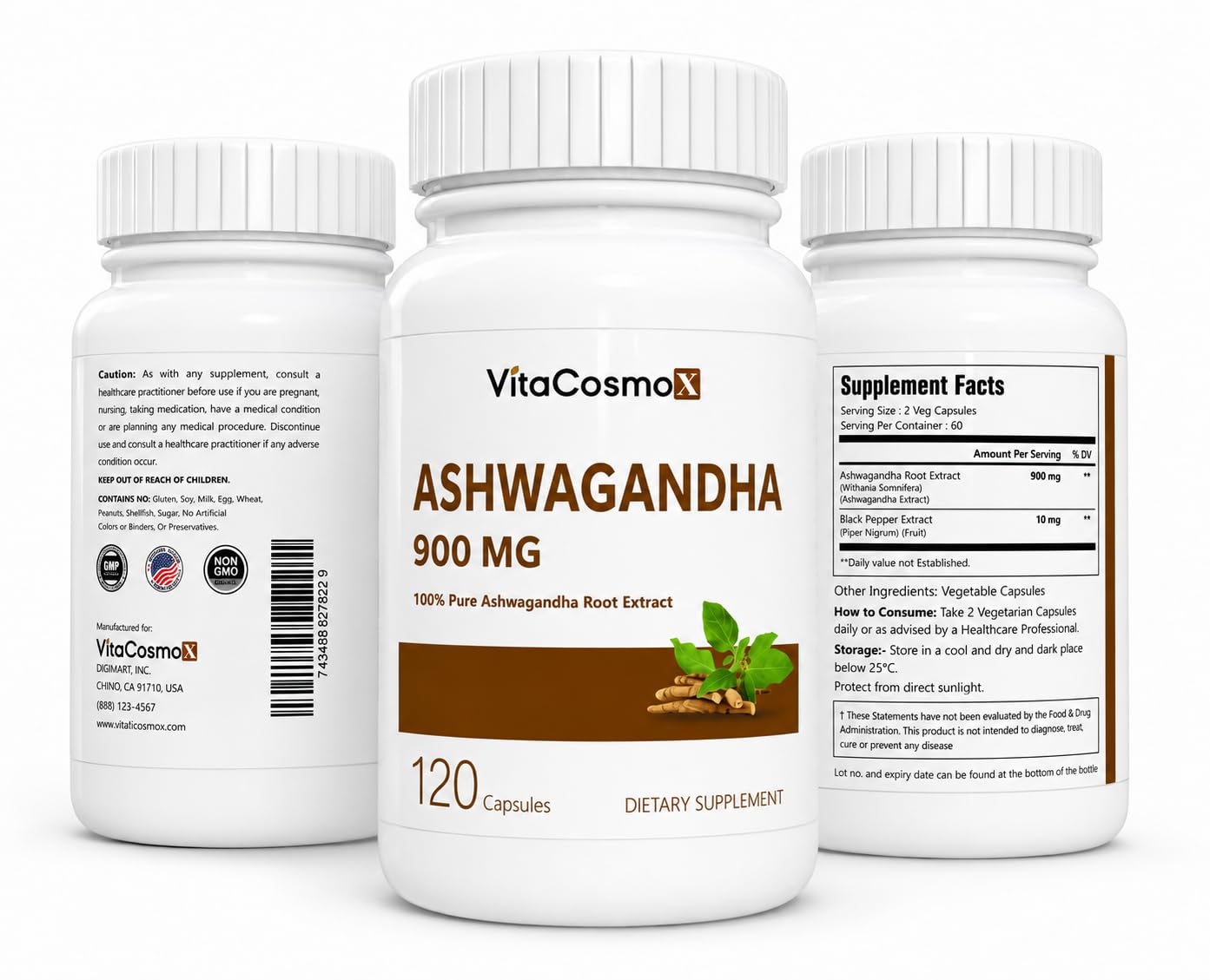 VitaCosmoX Ashwagandha Root Extract 900 mg with Black Pepper Extract 10 mg Per Serving, 120 Vegetarian Capsules
