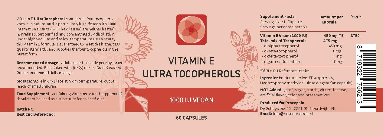 Procapsin Vitamin E 1000 IU Ultra Tocopherol All 4 Tocopherols Capsule, 60 Count