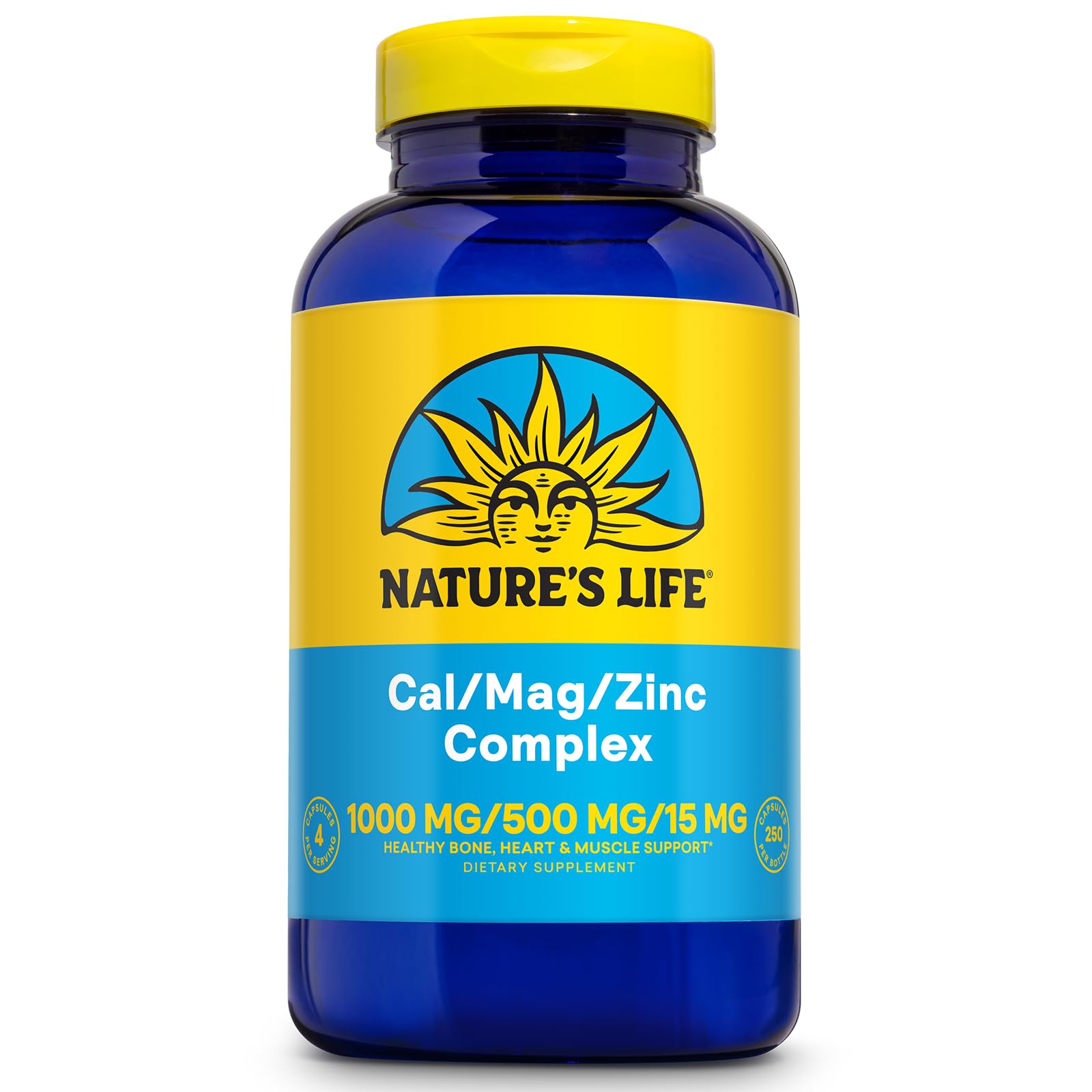 Nature's Life Cal Mag Zinc Complex Calcium Magnesium Zinc D3 Supplement, Capsules, 250 Count