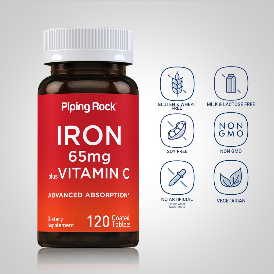 Piping Rock Iron Supplement 65 mg with Vitamin C Tablet, 120 Tablets