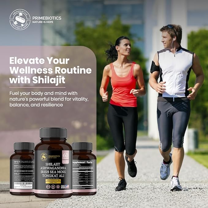 PrimeBiotics All-in-1 Shilajit Supplement with Ashwagandha, Irish Sea Moss, Tongkat Ali, Black Pepper Extract, Boron, Magnesium and Zinc for Men & Women, 60 Capsules