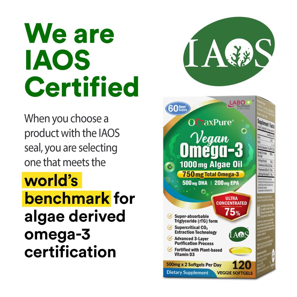 LABO Nutrition OmaxPure Vegan Omega-3 Algae Oil 750mg — Plant-Based EPA & DHA Omega-3 Supplement for Heart, Brain & Eye Health Softgels 120