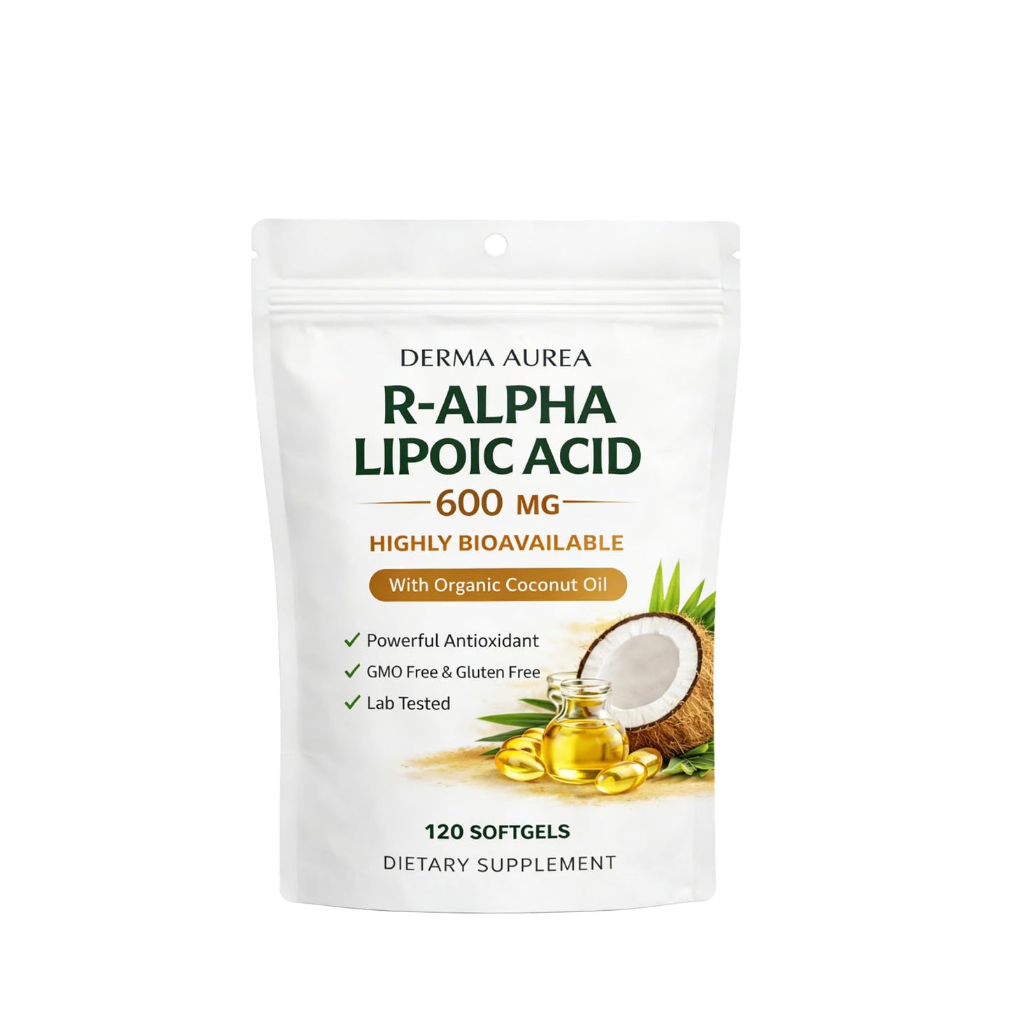 Saphily Derma Aurea R-Alpha Lipoic Acid 600mg R-ALA with Organic Coconut Oil, 120 Softgels