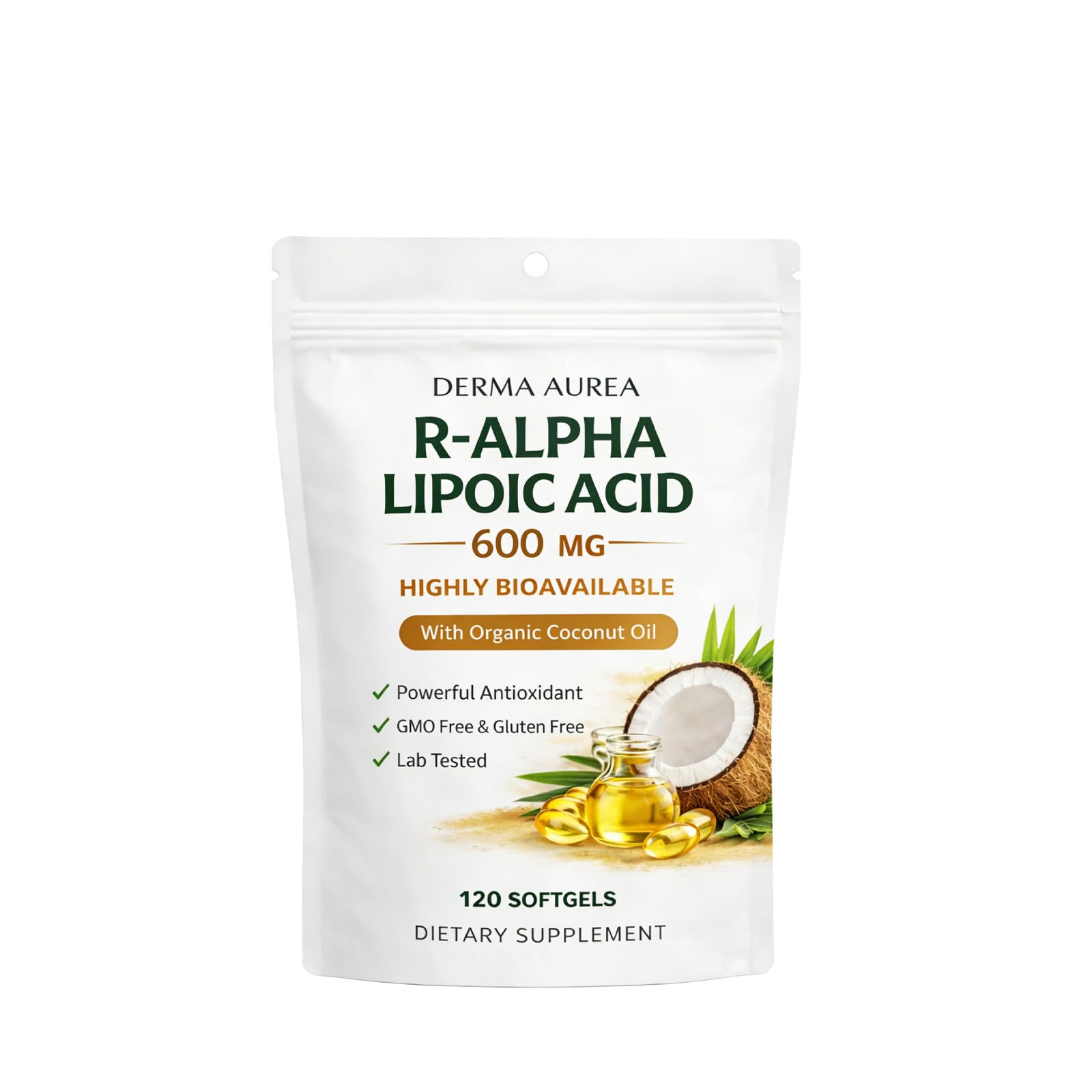 Saphily Derma Aurea R-Alpha Lipoic Acid 600mg R-ALA with Organic Coconut Oil, 120 Softgels