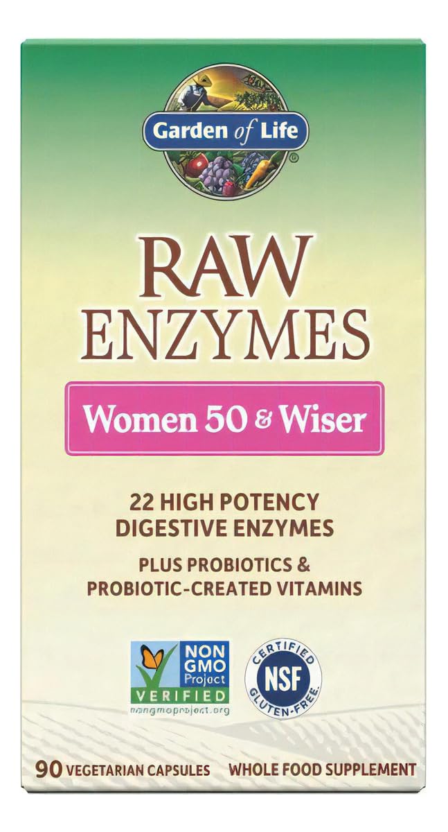 Garden of Life RAW Enzymes 22 Digestive Enzymes for Women 50+ with Bromelain, Papain & Lactase Plus Probiotics & Vitamins B12, Biotin & Zinc, 90 Capsules