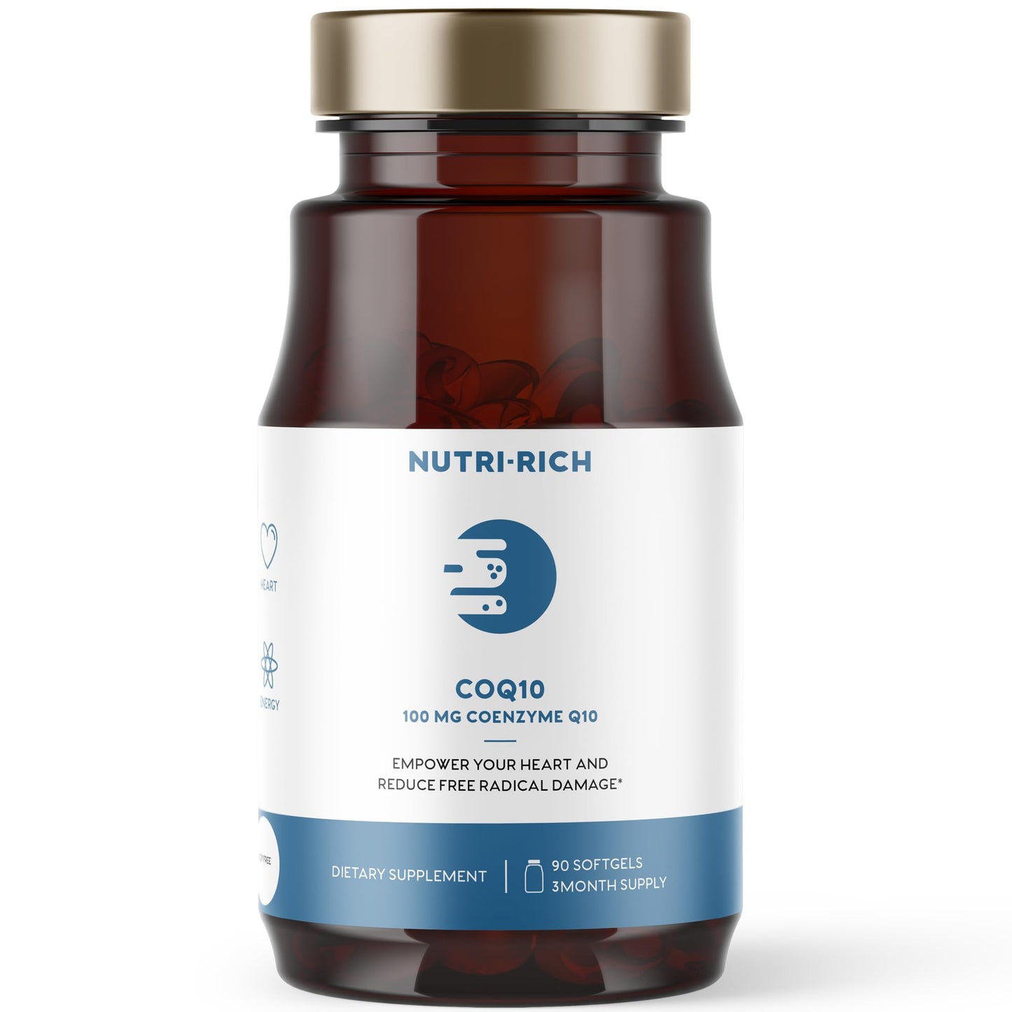 Nutri-Rich CoQ10 100mg Softgels with MCT Oil – Naturally Fermented Ubiquinone for Heart Health, Energy & Statin Support – High Absorption CoQ10 Supplement – Non-GMO, Gluten Free, 90 Softgels