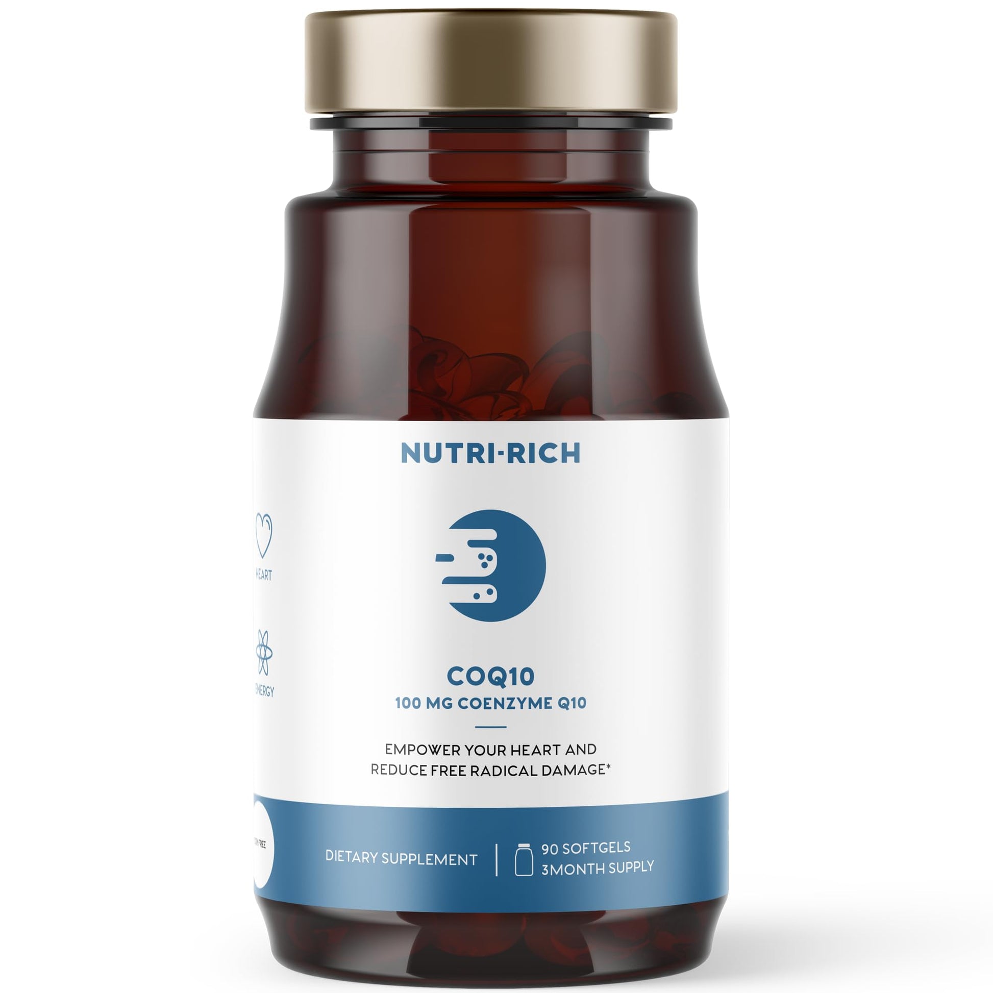 Nutri-Rich CoQ10 100mg Softgels with MCT Oil – Naturally Fermented Ubiquinone for Heart Health, Energy & Statin Support – High Absorption CoQ10 Supplement – Non-GMO, Gluten Free, 90 Softgels