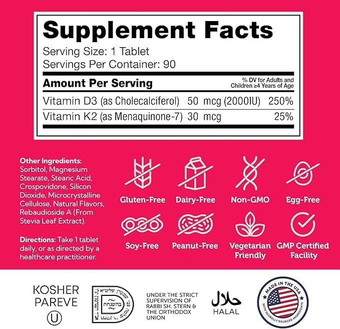 Zahler Junior Vitamin D3 + K2 Tablets for Kids, 2000 IU, 90 Tablets