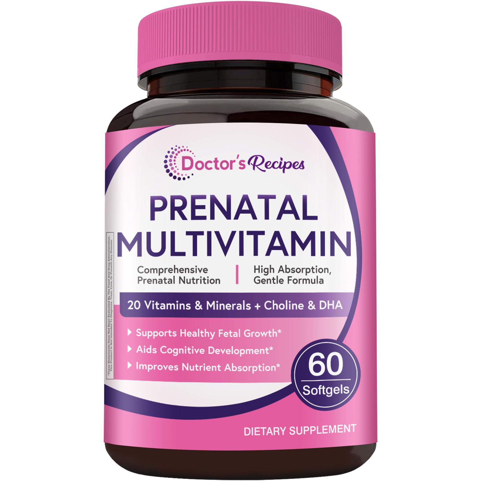 Doctor's Recipes Prenatal Multivitamin with DHA & Folate (L-5-MTHF) for Expecting & Planning Moms, 60 Softgels