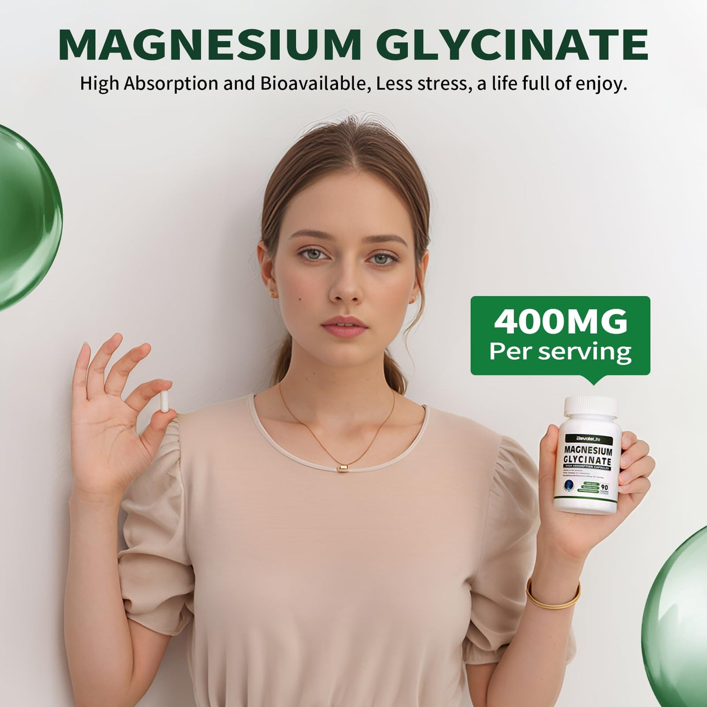 ElevateLife Magnesium Glycinate 400 mg Capsule, 90 Count