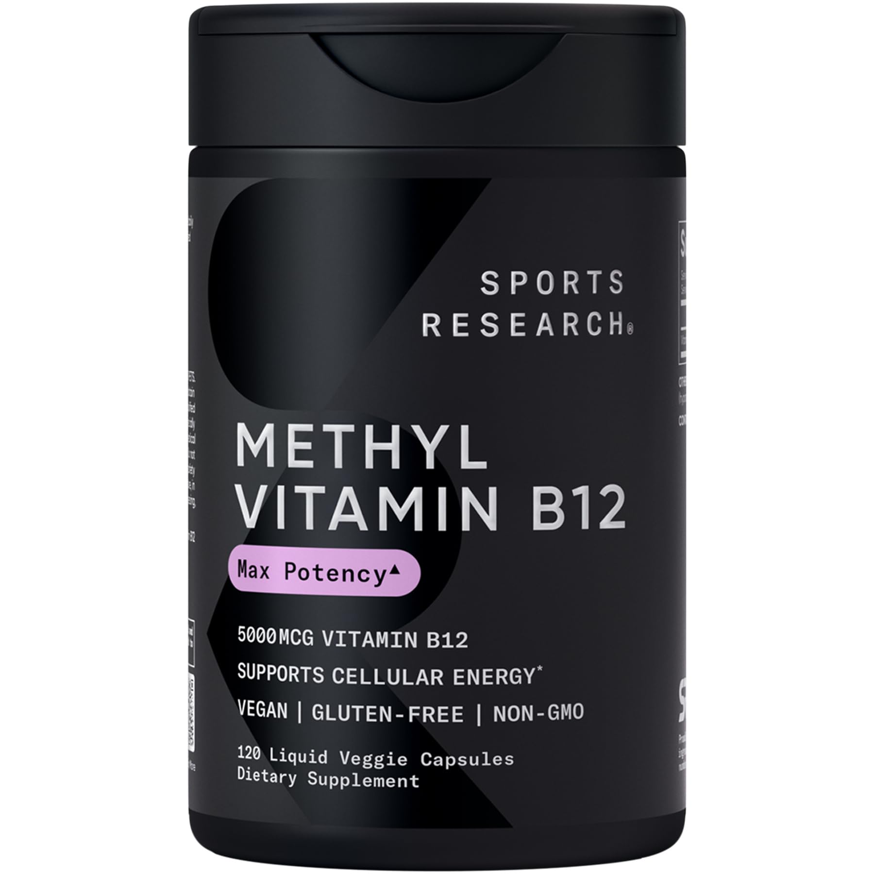 Sports Research Vitamin B12 as Methylcobalamin 5000mcg High Potency Vegan B12 with Coconut MCT Oil for Energy Metabolism Support Vegan Certified Non-GMO Gluten Free, 120 Capsules