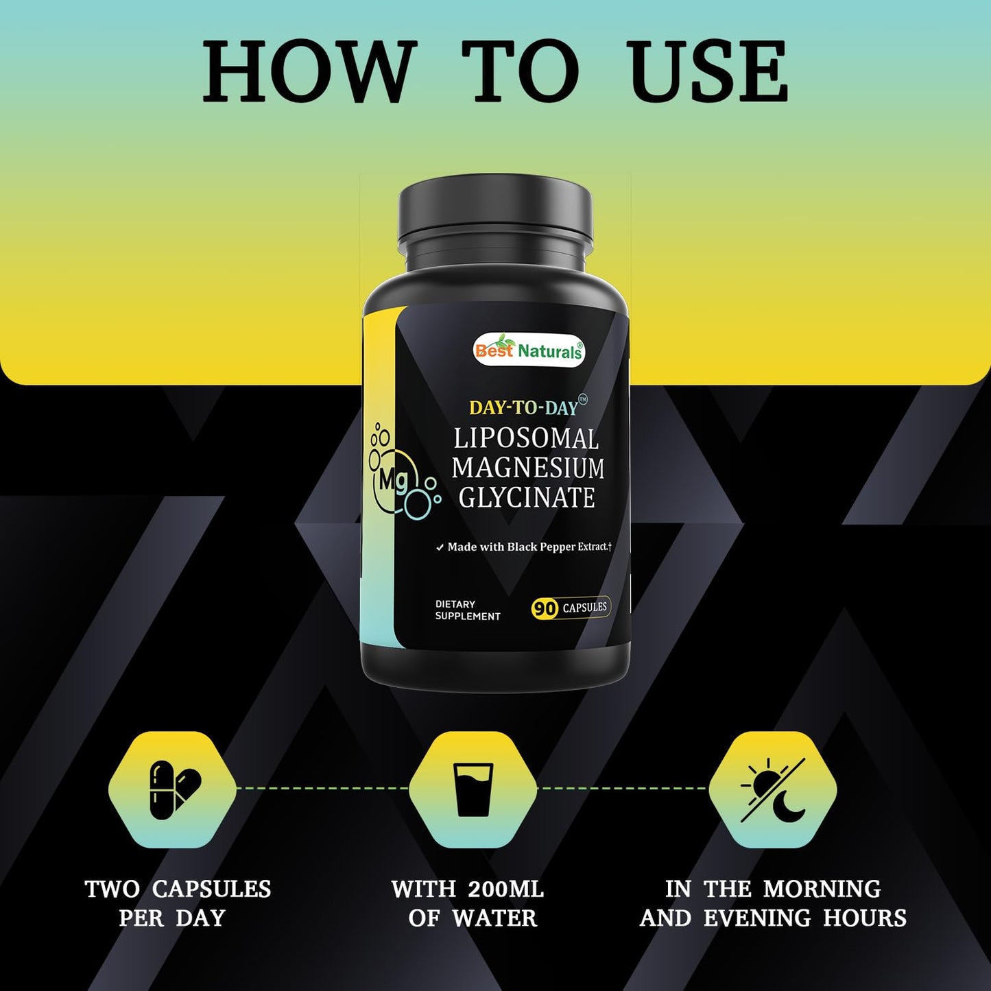 Best Naturals Liposomal Magnesium Glycinate Supplement with Black Pepper Extract, Chelated Magnesium Glycinate, Non-GMO Vegan Formula, Capsules, 90 Capsules