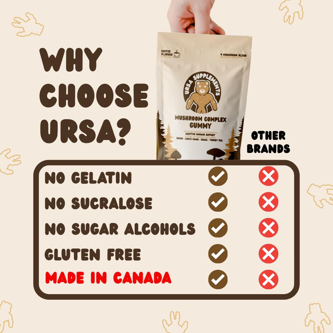 URSA Supplements Mushroom Gummies 1300mg Functional Mushroom Blend with Lion’s Mane, Reishi, Chaga & Turkey Tail – Focus, Energy & Immune Support – Vegan, Gluten-Free, 60 Count