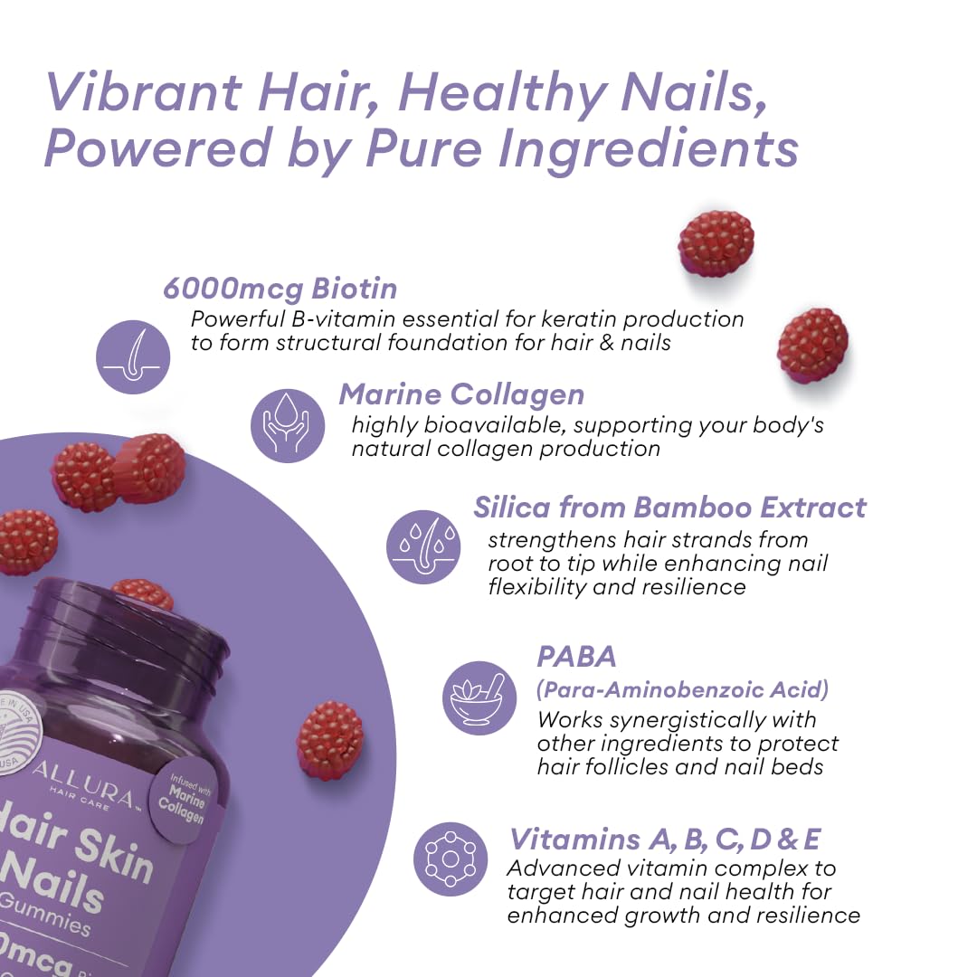 ALLURA HAIR Hair Skin and Nails Vitamins for Women – Extra Strength 6000mcg Biotin Hair Gummies with Marine Collagen, Vitamin E, A, C & PABA for Hair Growth, Healthy Skin & Nails, Passion Fruit, 60 Gummies