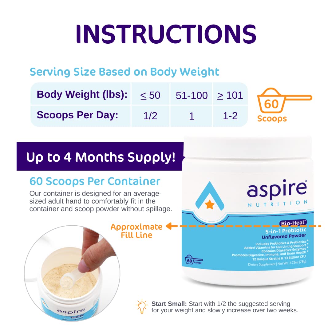 Aspire Nutrition 5-in-1 Bio-Heal Probiotic for Kids, Men & Women Powder 2.75 oz