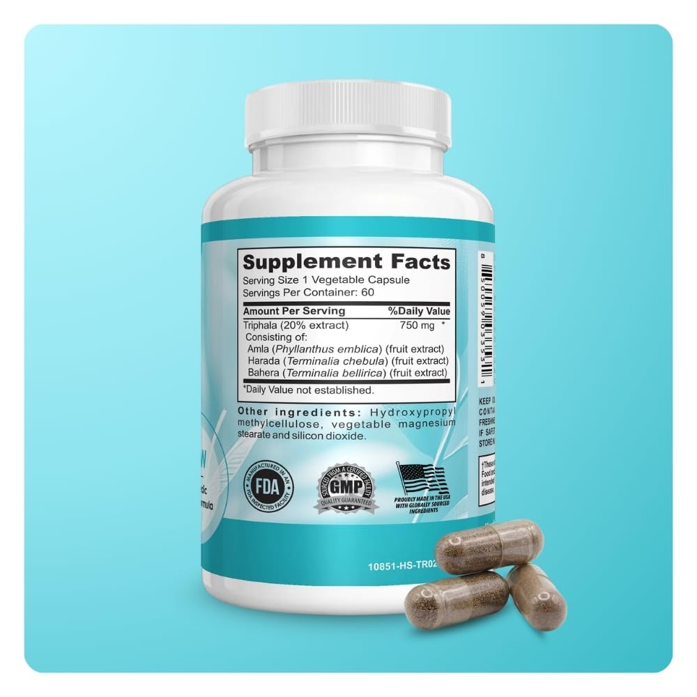Mila Miamor Triphala Extract Capsules 750mg - Digestive Support, Gut Health and Colon Function - Ayurvedic Herbal Supplement with Amla, Harad and Bahera - Vegan, Non-GMO, Made in USA - 60 Capsules
