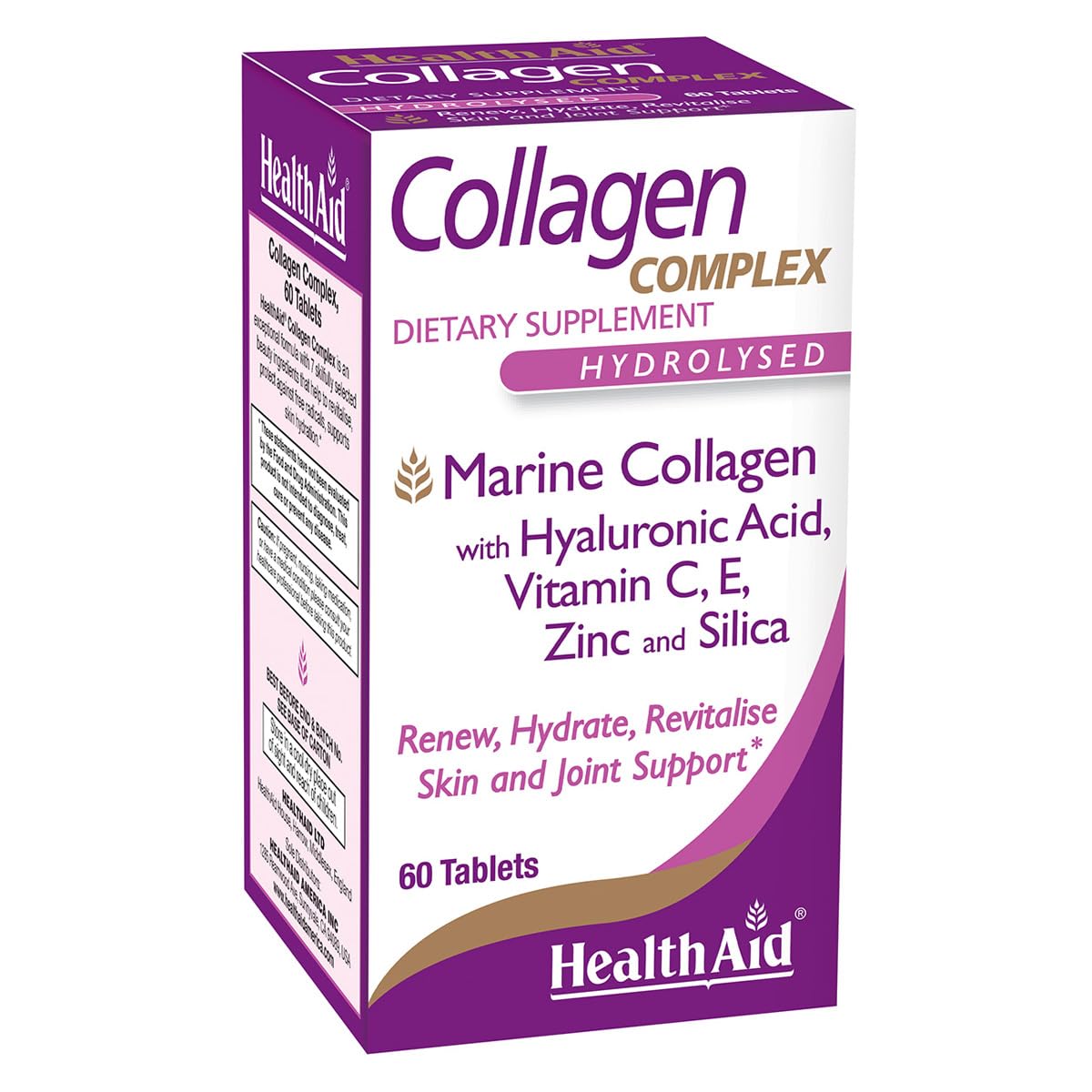 HealthAid Marine Collagen Complex – Hydrolyzed Collagen with Hyaluronic Acid, Vitamin C, E & Zinc – Supports Skin Hydration, Elasticity & Healthy-Looking Skin, 60 Tablets