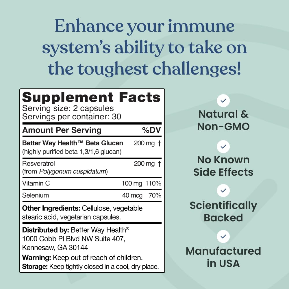 Better Way Health Advanced Immune Readiness 1,3/1,6 Beta Glucan with Vitamin C, Selenium & Resveratrol Capsules, 60 Capsules