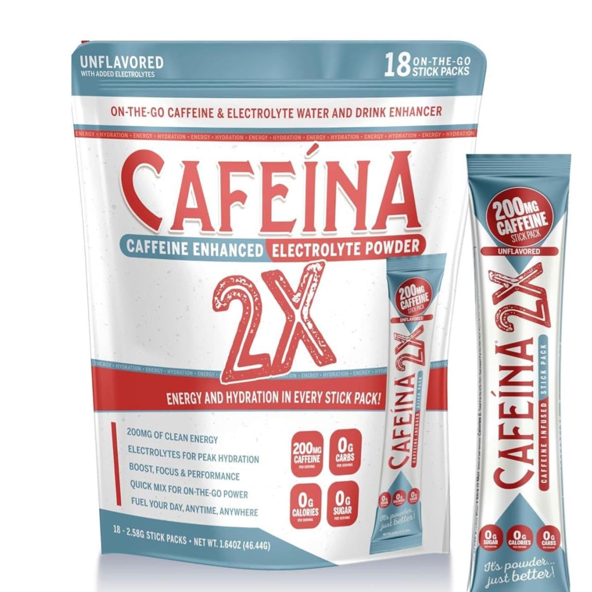 CAFEINA 2X 200mg Caffeine and Electrolyte Infused Powder Sticks, 18 Sticks