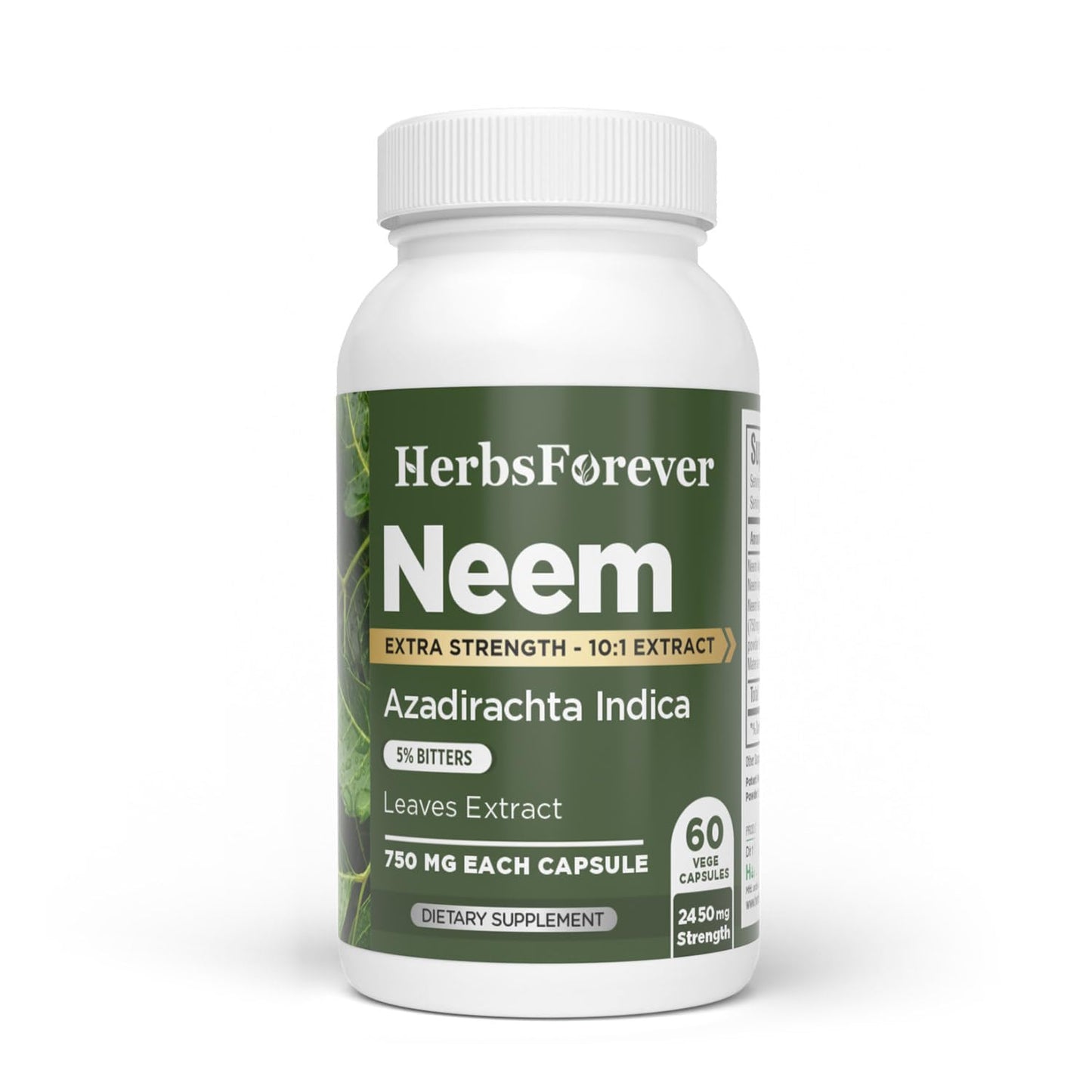 Herbsforever Neem (Azadirachta Indica) Extra Strength 10:1 Extract, Equivalent to 2450 mg Leaves Powder per Serving, Supports Immunity, Clear Skin, Face Complexion & Blood Purify, 60 Veg Capsules