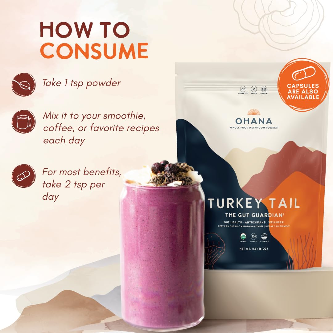 Ohana Mushrooms Turkey Tail Organic Mushrooms Powder Blend, 16 oz