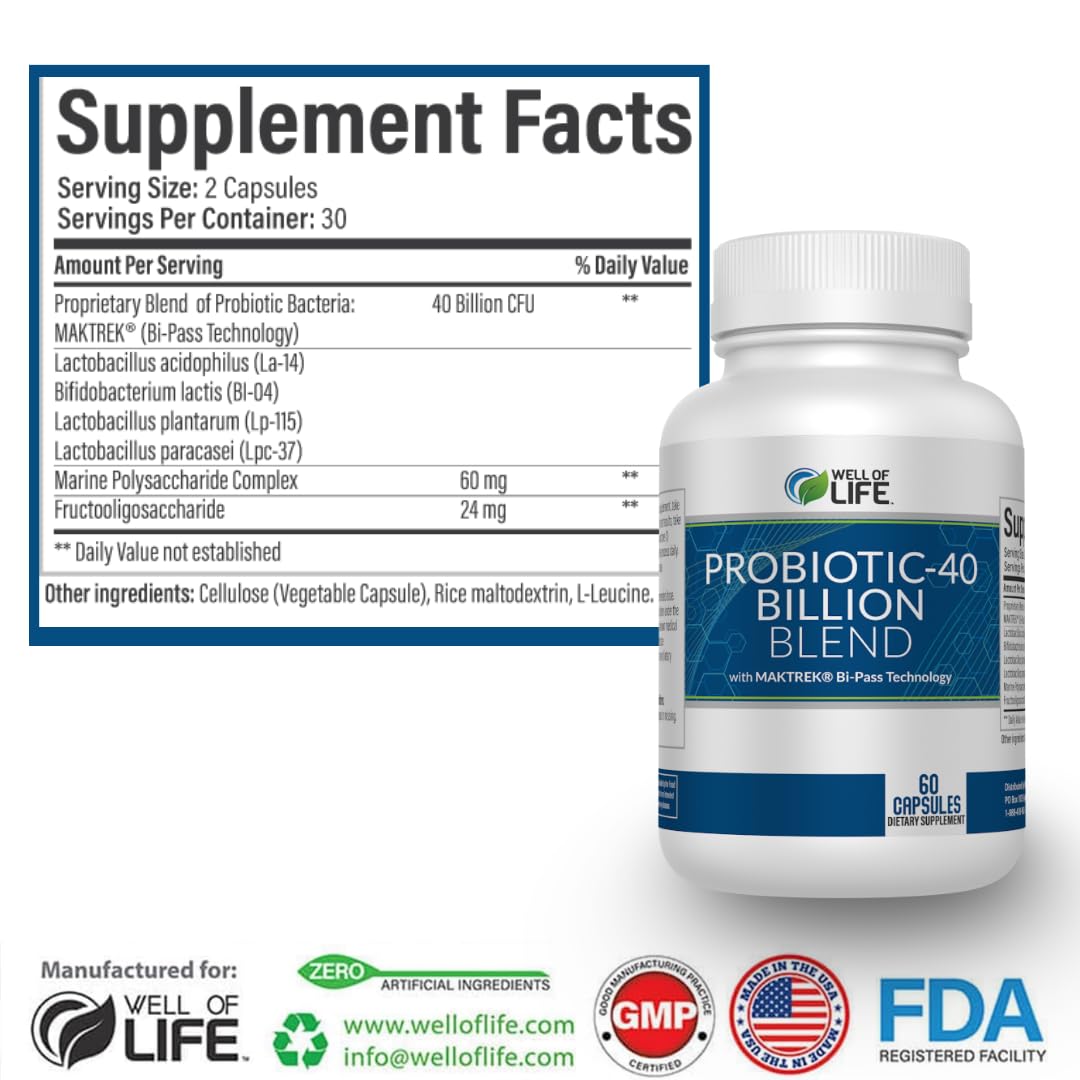 Well of Life Probiotic 40 Billion CFU Probiotics for Gut Health & Digestive Support Metabolism Supplement with Digestive Enzyme Blend Vegan Non-GMO Capsule, 60 Count