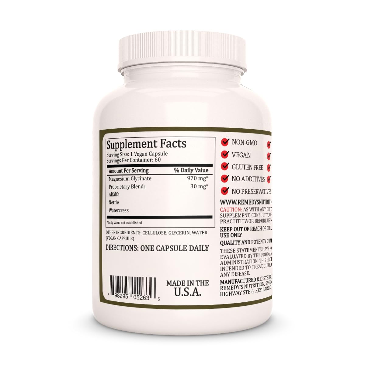 Remedy’s Nutrition Magnesium Glycinate 1000 mg Capsules, 60 Count