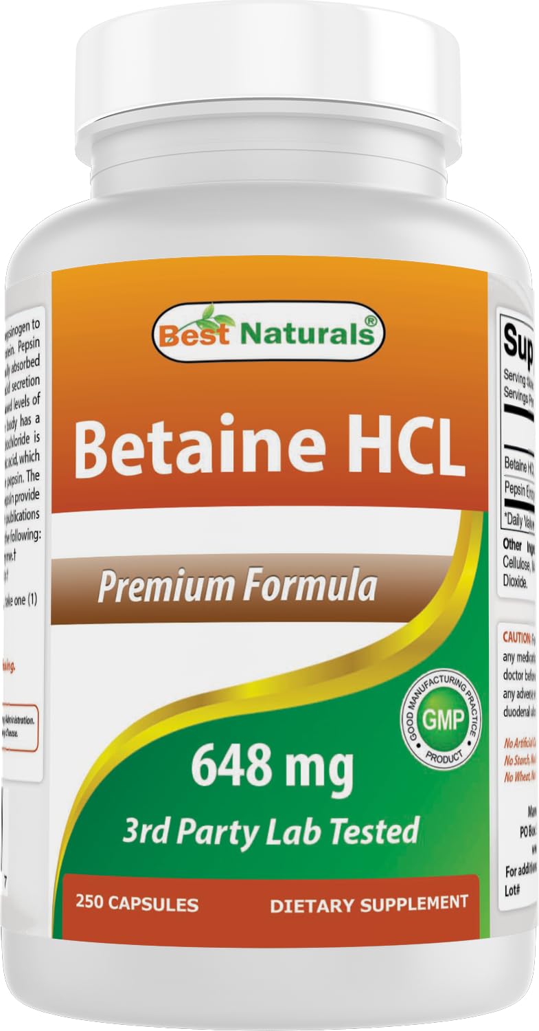 Best Naturals Betaine HCl 648 mg Capsules, 250 Count