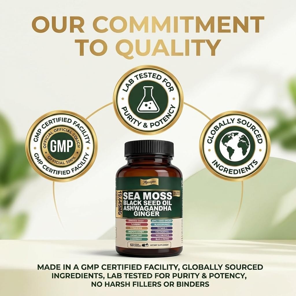 MPRAYAN Sea Moss Black Seed Oil Ashwagandha Capsules - 10:1 Extract Blend, 60 Count