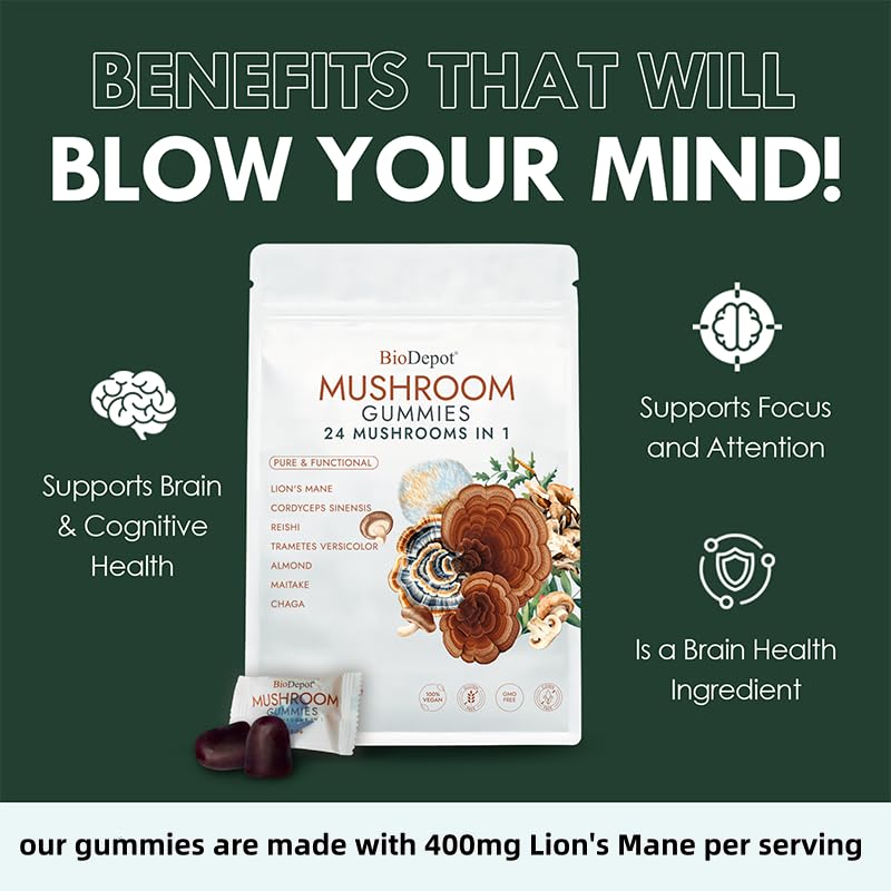 Biodepot Super Mega Mushroom Gummies 24 in 1 Daily Mushroom Supplement Gummy, 120 Gummies