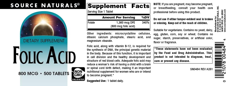 Source Naturals Folic Acid 800 mcg Tablet, 500 Tablets