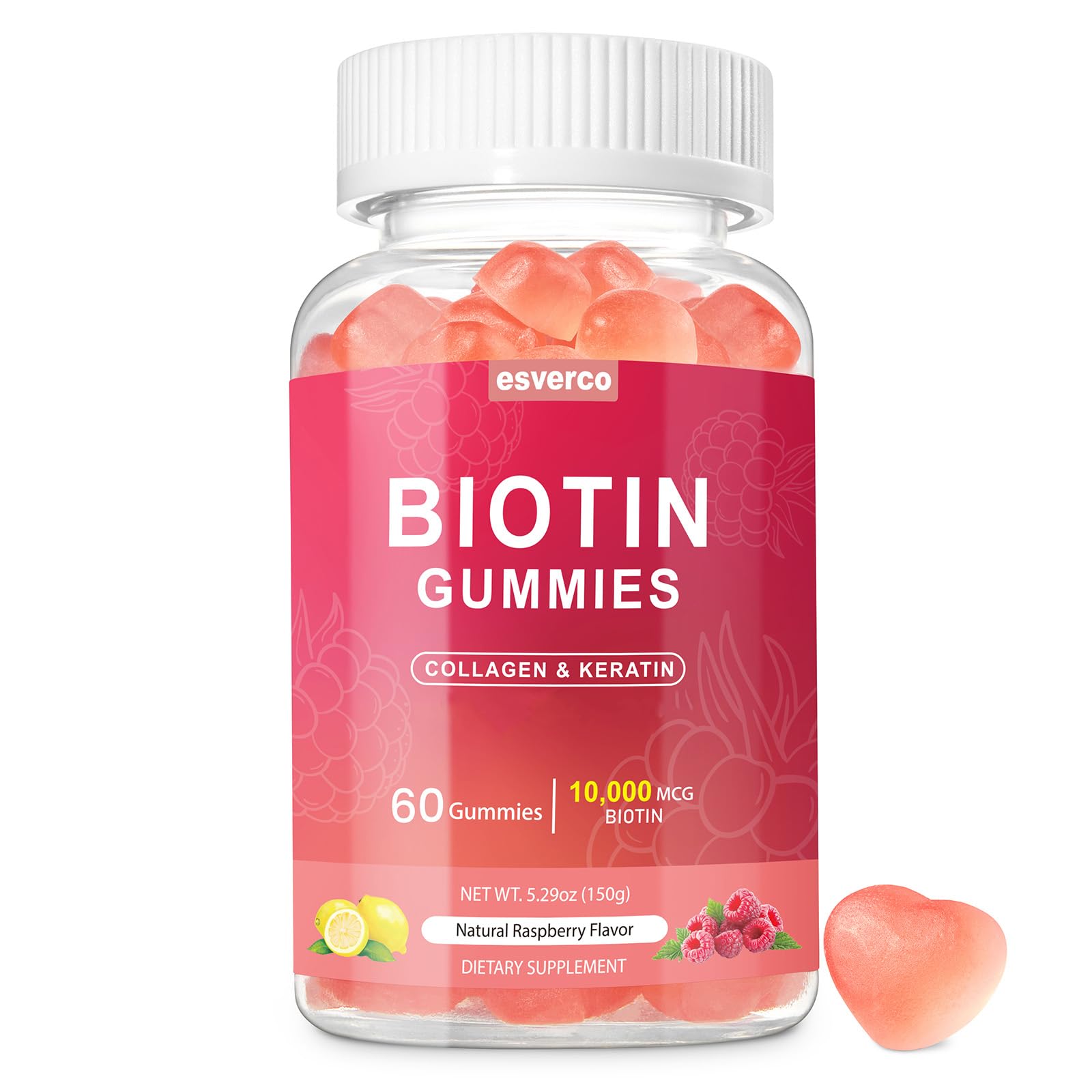 Esverco Biotin 10000mcg Keratin Collagen Gummies Hair Nail Vegan Raspberry 60 Count