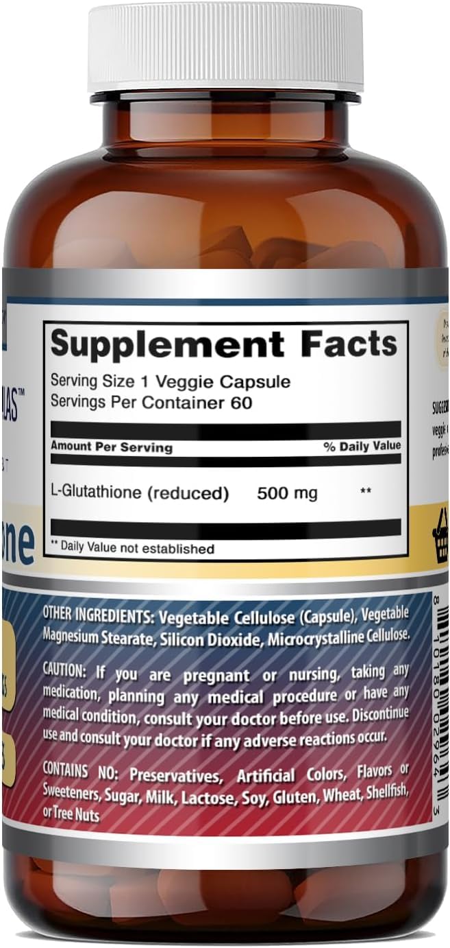 Amazing Nutrition Reduced L-Glutathione Supplement 500 mg per Serving Capsules, 180 Count