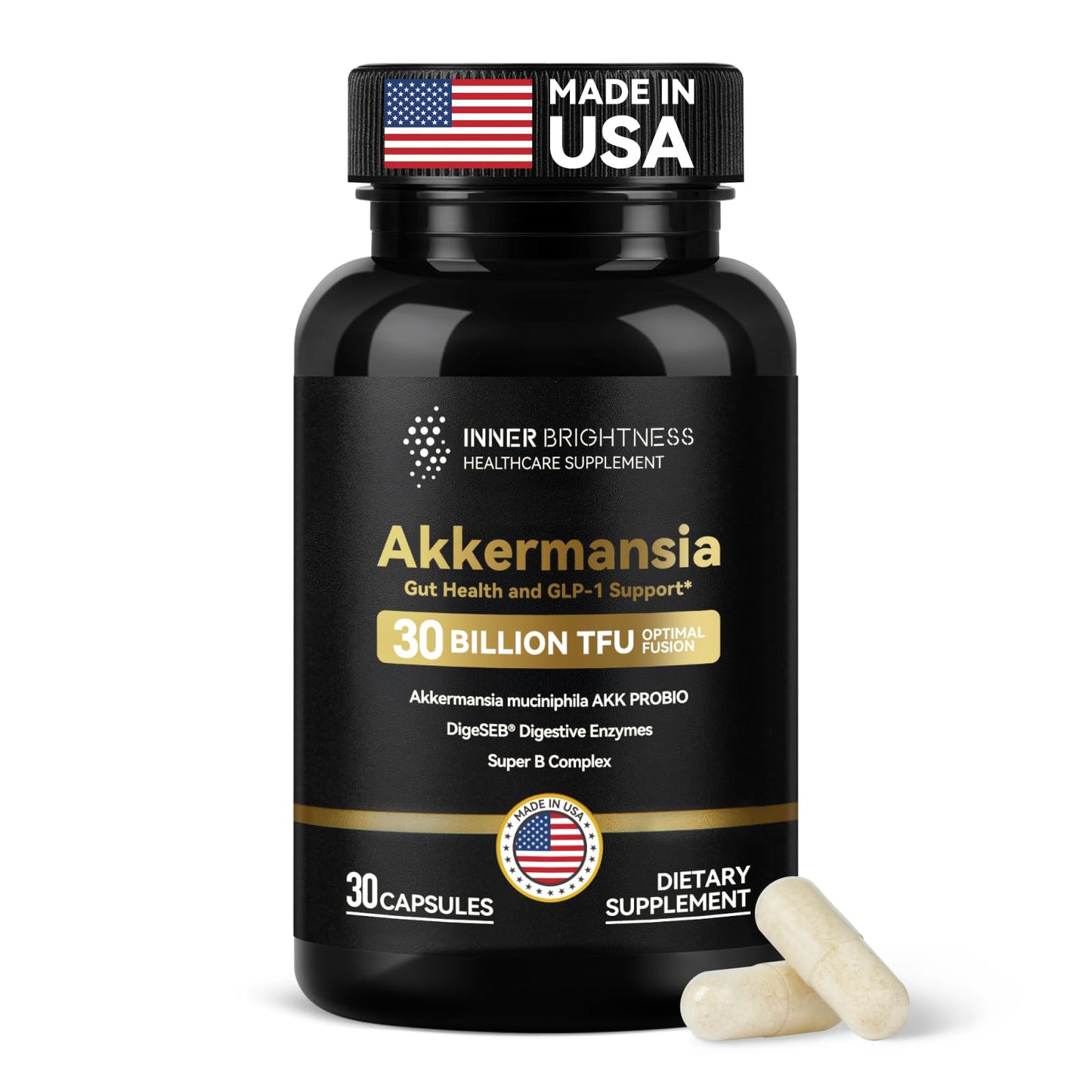 Inner Brightness Akkermansia Probiotic GLP-1 Supplement for Gut Health & Digestion, DigeSEB Digestive Enzymes & Vitamin B Complex - 30 Billion TFU, Third-Party Tested, 30 Capsules
