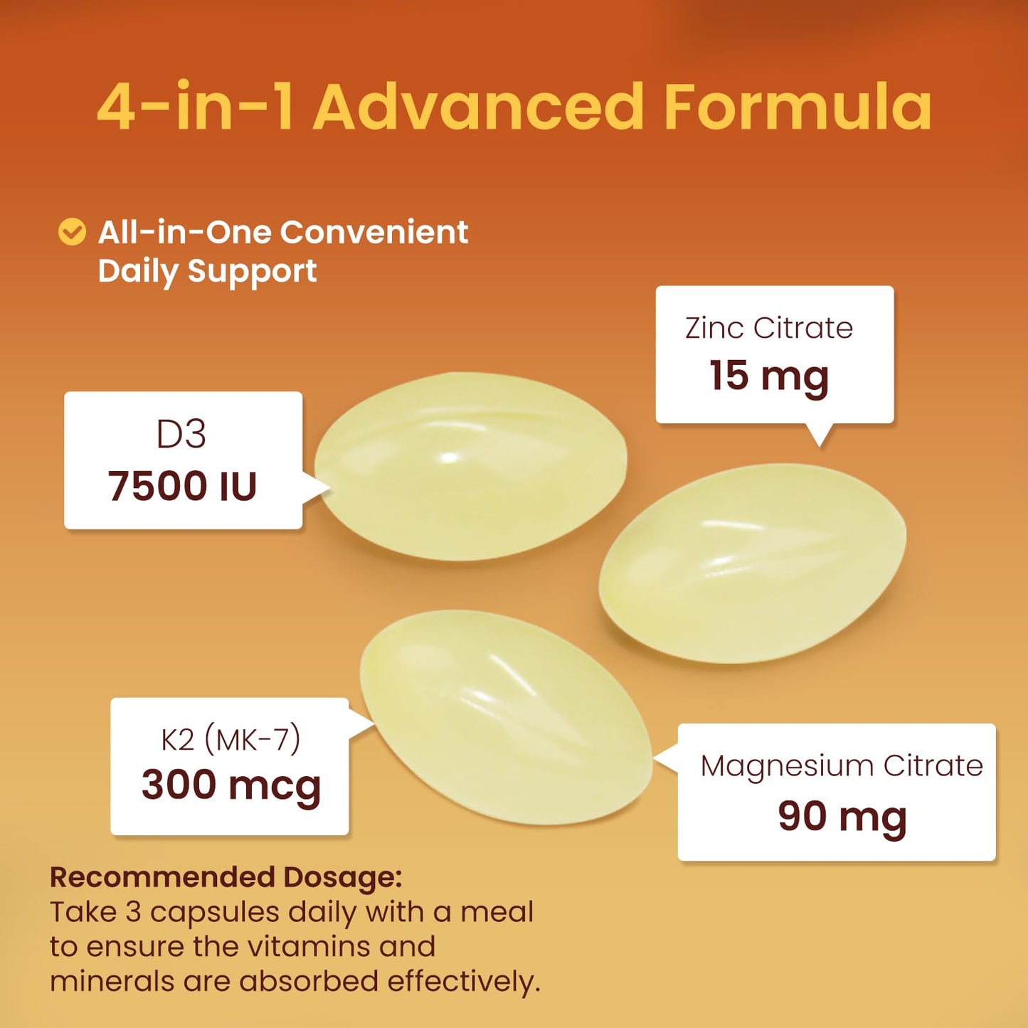 VELOTO Vitamin D3 K2 Magnesium Zinc Supplement Softgels 180