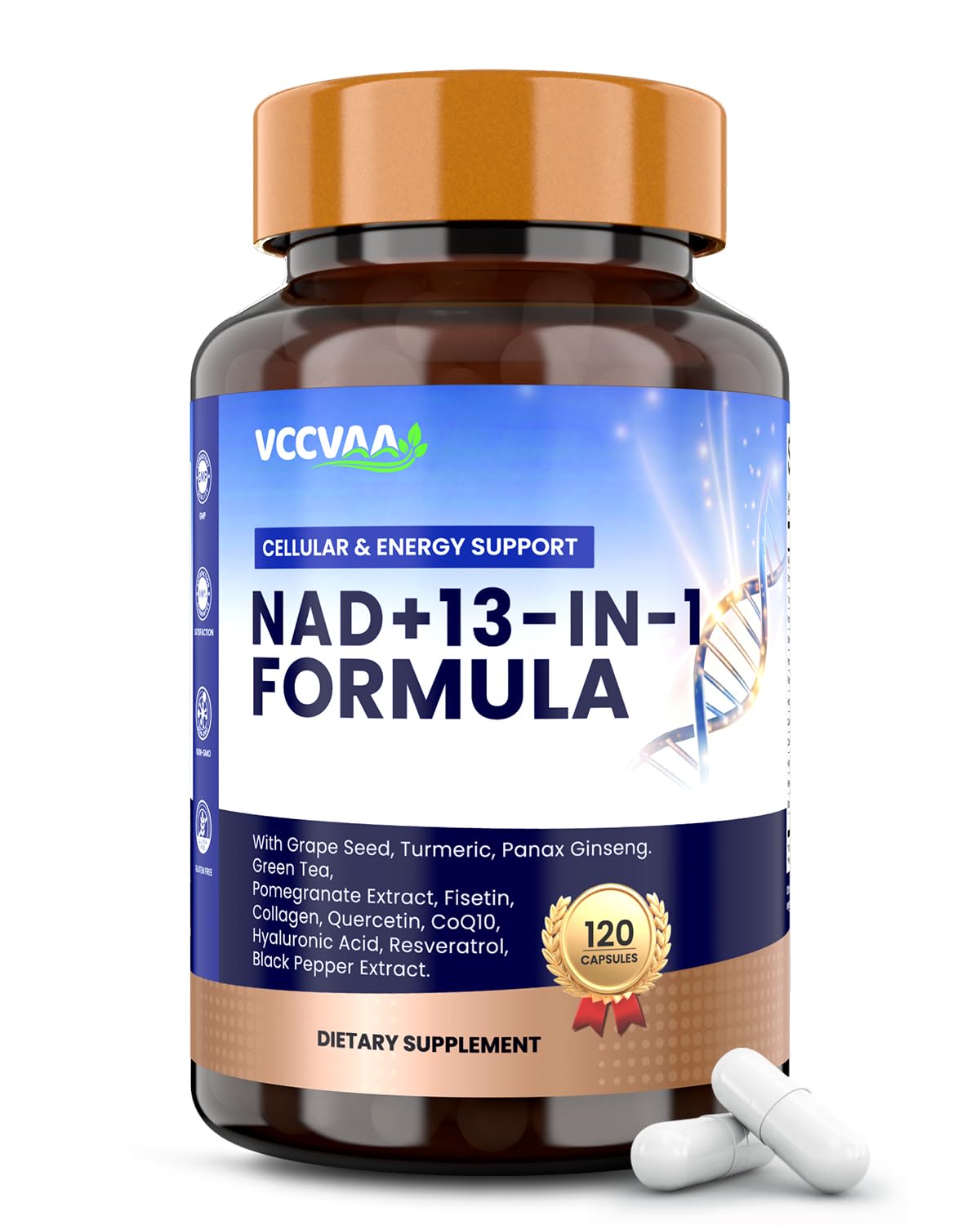 Vccvaa NAD Supplement with Resveratrol, Nicotinamide, Riboside, Quercetin & CoQ10 – Anti-Aging Support for Energy, Focus, Immune & Cellular Health Capsules, 120