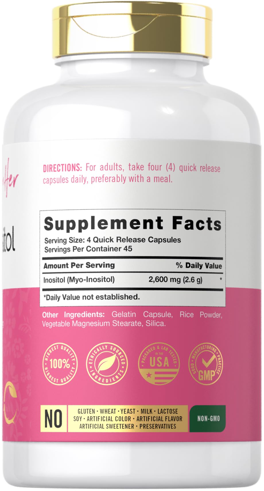 Carlyle Myo-Inositol Women's Supplement 2600mg Capsules, 180 Count