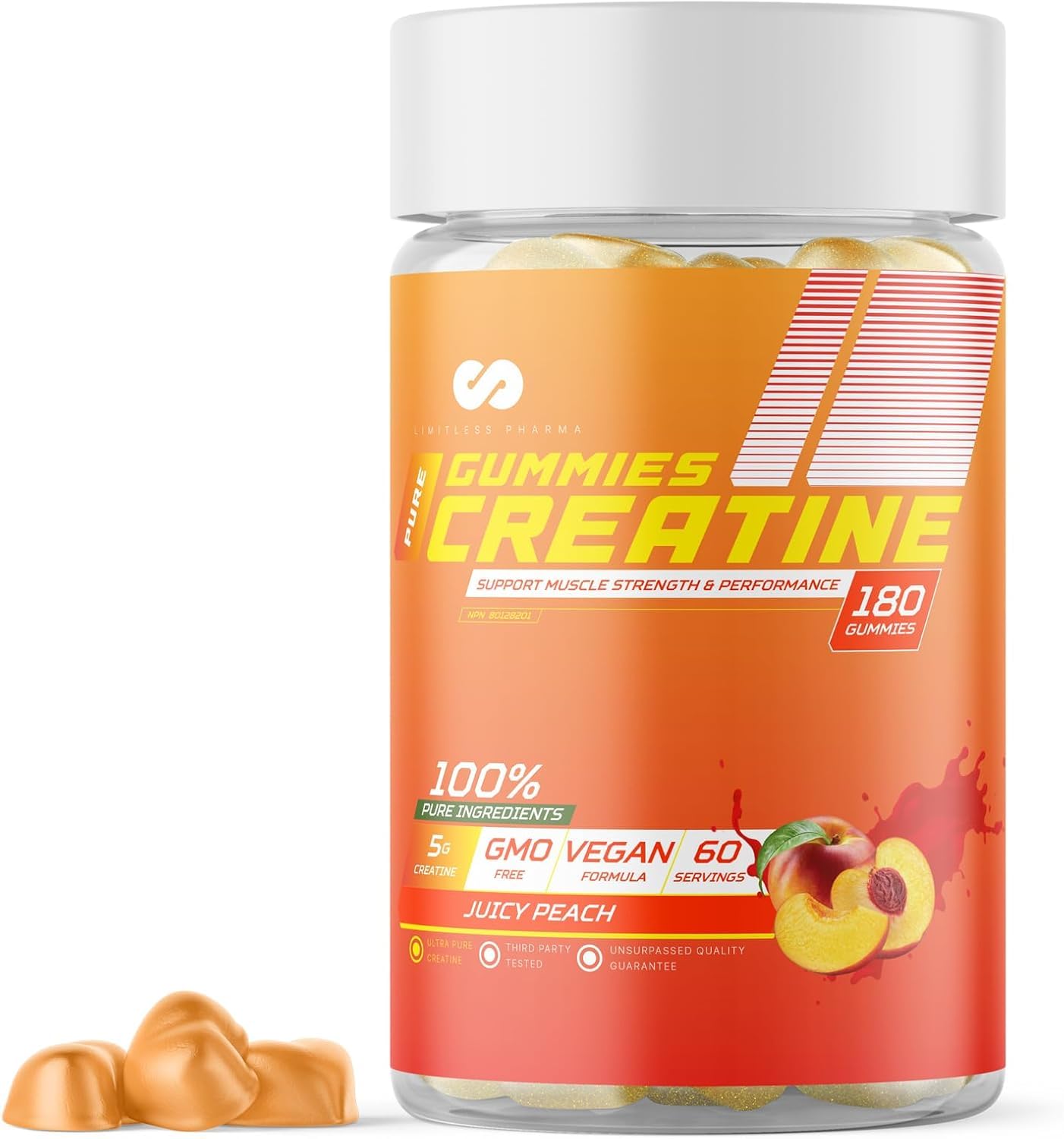 Limitless Pharma Pure Creatine Gummy Candy, 5g Creatine Monohydrate, 180 Gummies