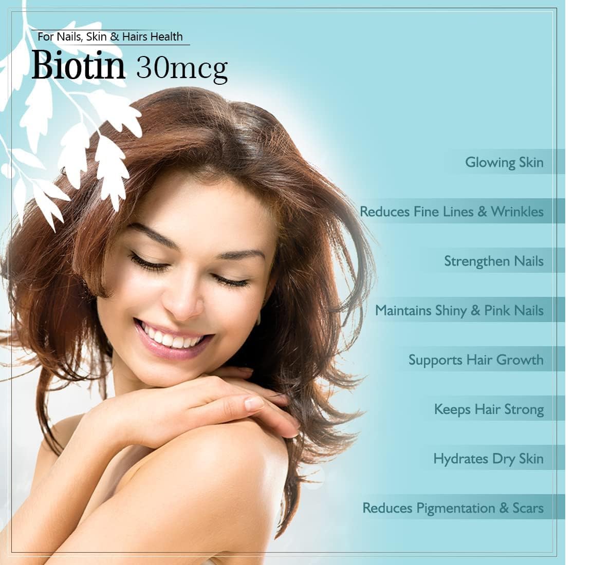 Generic Biotin 30mcg Supplement for Hair Growth, Strong Hair and Glowing Skin, Fights Nail Brittleness, 90 Tablets
