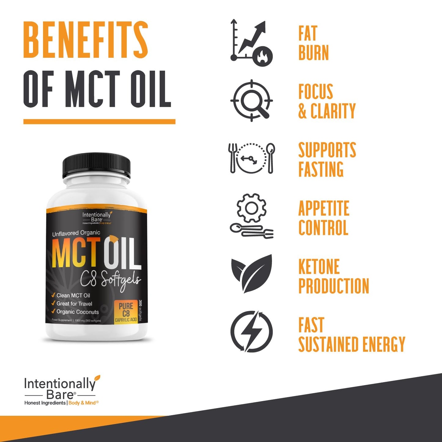 Intentionally Bare Organic Pure C8 MCT Oil Softgels 300 Count