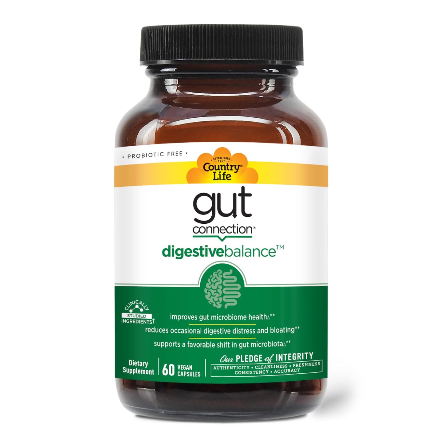 Country Life Gut Connection Digestive Balance – Prebiotic & Digestive Enzyme Supplement for Gut Health, Bloating Relief, and Improved Bowel Movements 60 Capsules