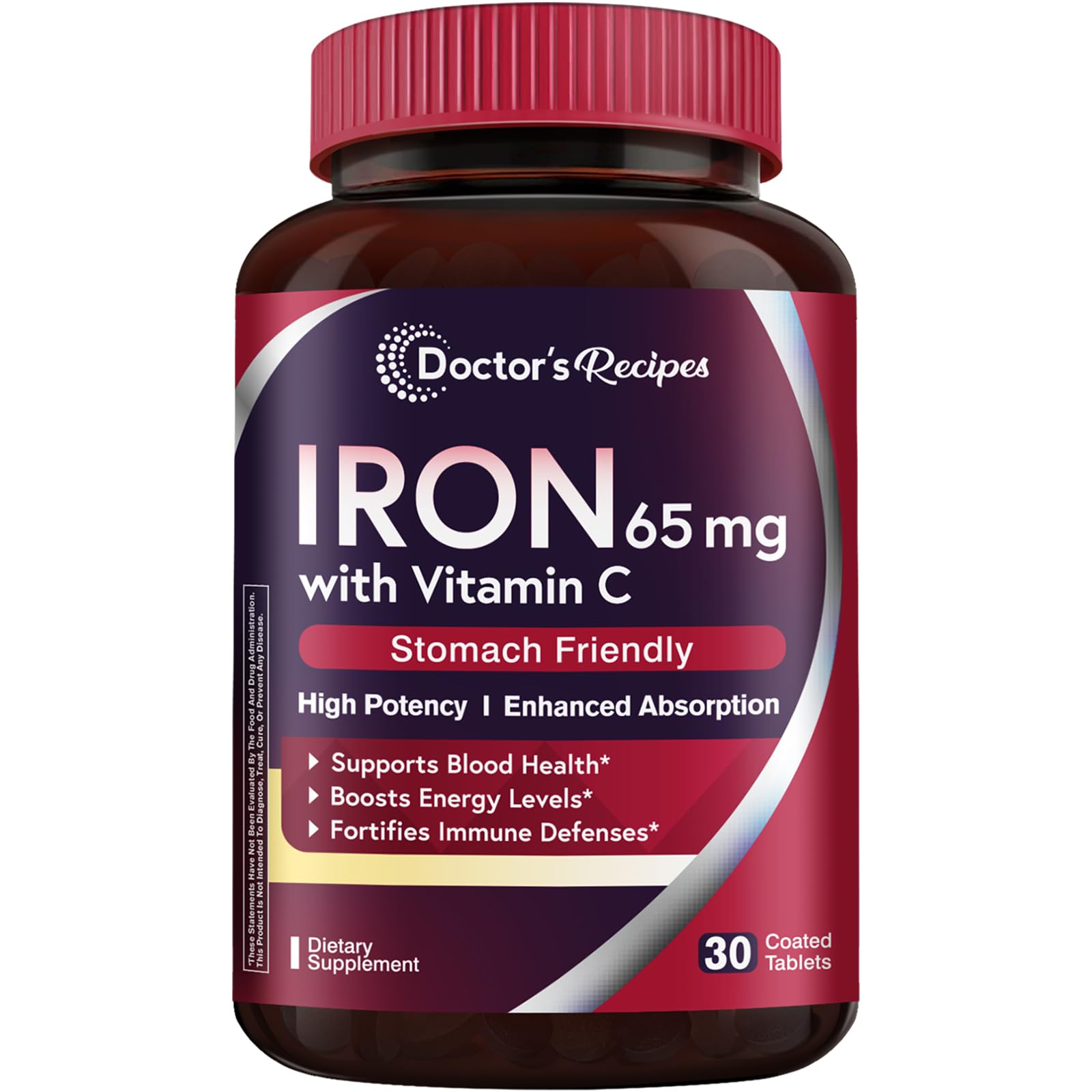 Doctor's Recipes Iron Supplement 65 mg with Vitamin C - Maximized Absorption & Stomach Friendly Iron Pills for Red Blood Cells Formation, Heart, Brain & Immunity Health - Vegan Non-GMO Tablets, 30 Count