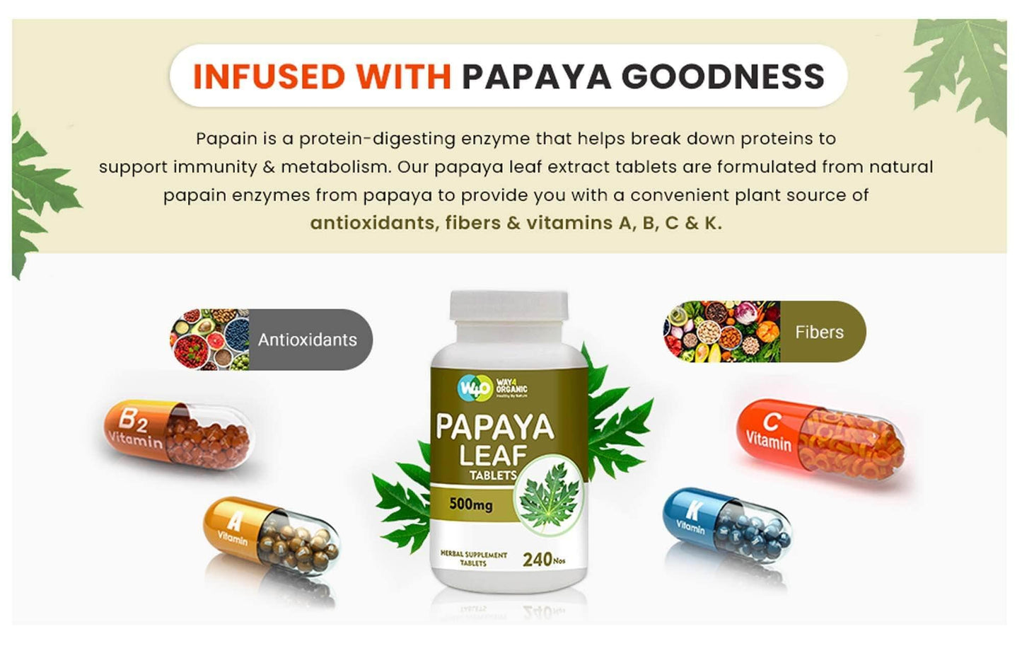 WAY 4 ORGANIC W4O Papaya Leaf Extract 500 mg, 240 Tablets