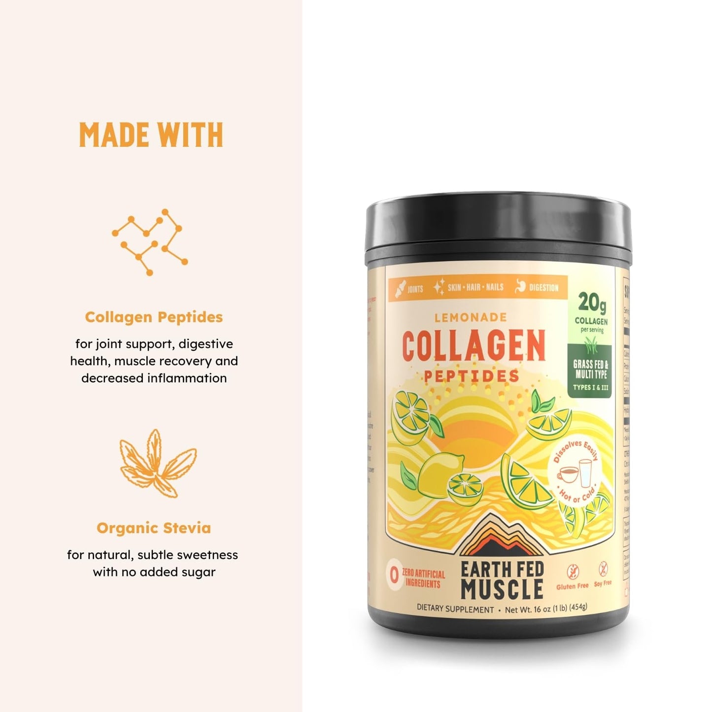 Earth Fed Muscle Lemonade Collagen Peptides Powder 16 Servings
