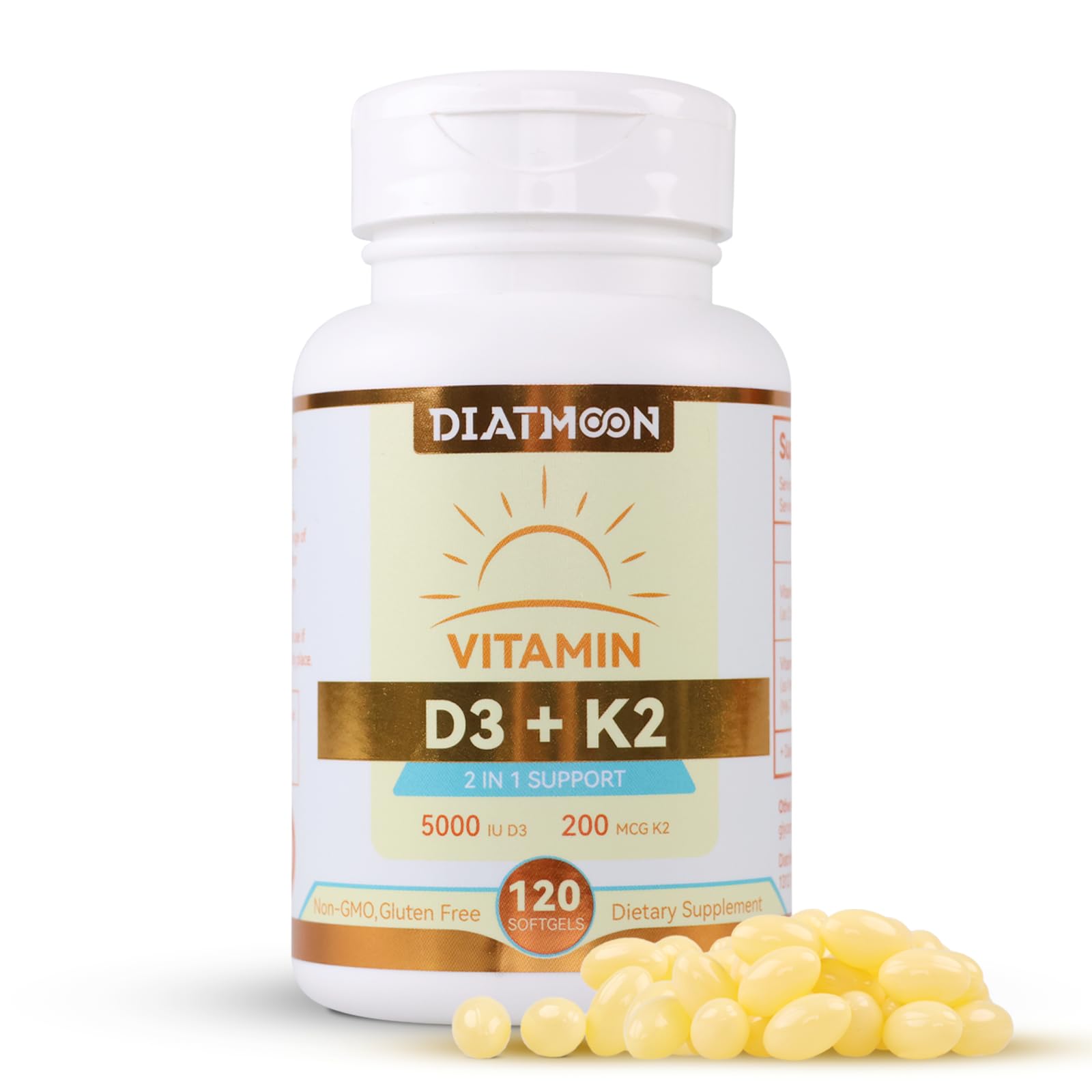 DIATMOON Vitamin D3 K2 Supplement Softgels, Vitamin D3 5000 IU & Vitamin K2 MK7 200 mcg, Bone & Teeth Support, Easy to Swallow - 120 Softgels