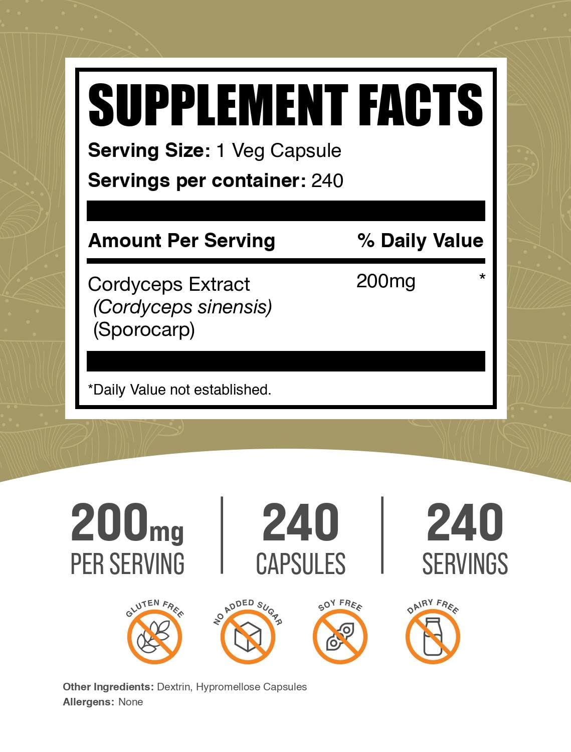 BulkSupplements Cordyceps Mushroom Capsules - Cordyceps Sinensis Extract, Gluten Free, 200mg per Capsule, 240 Veg Capsules