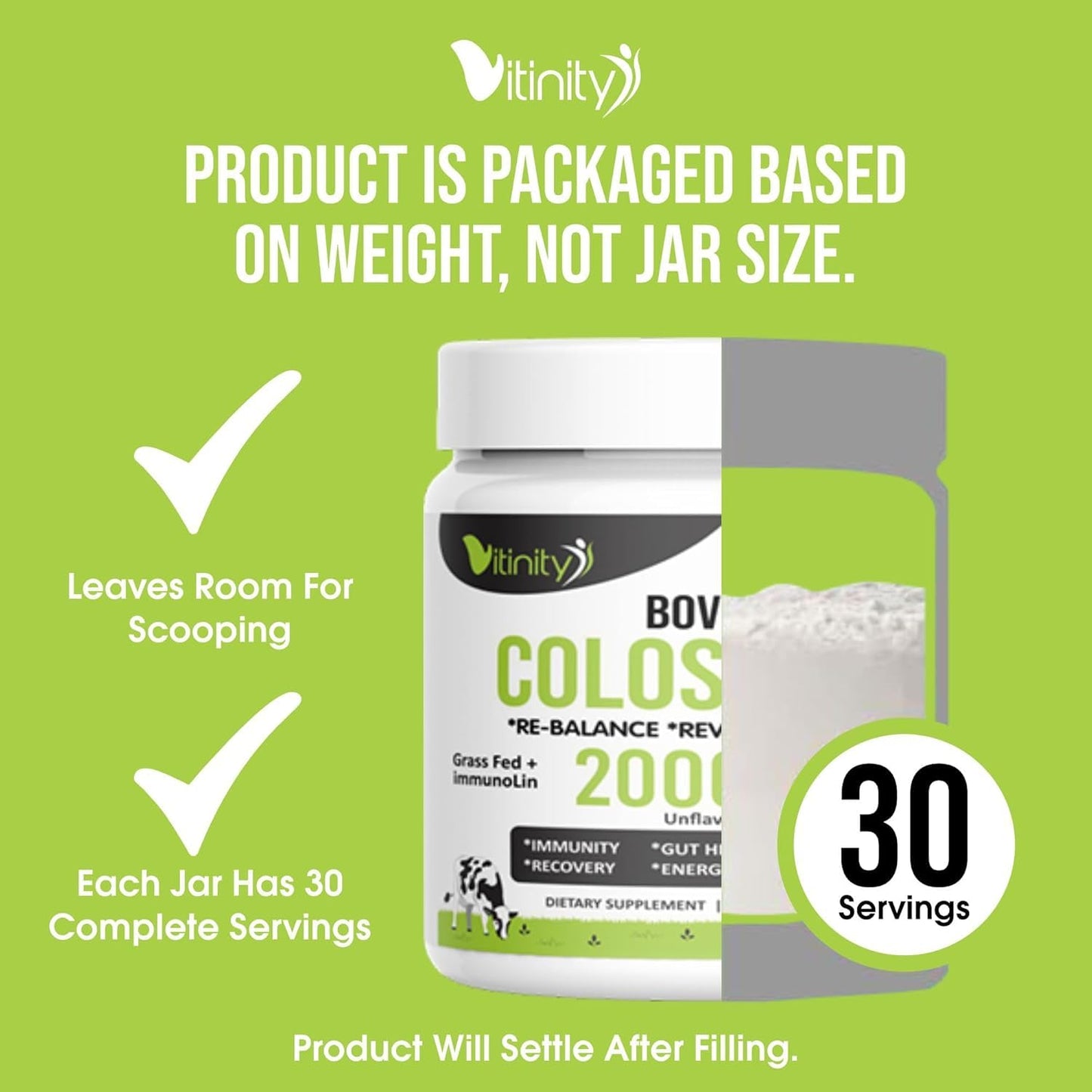 VITINITY Grass Fed Bovine Colostrum Powder, Unflavored, 3.18 oz