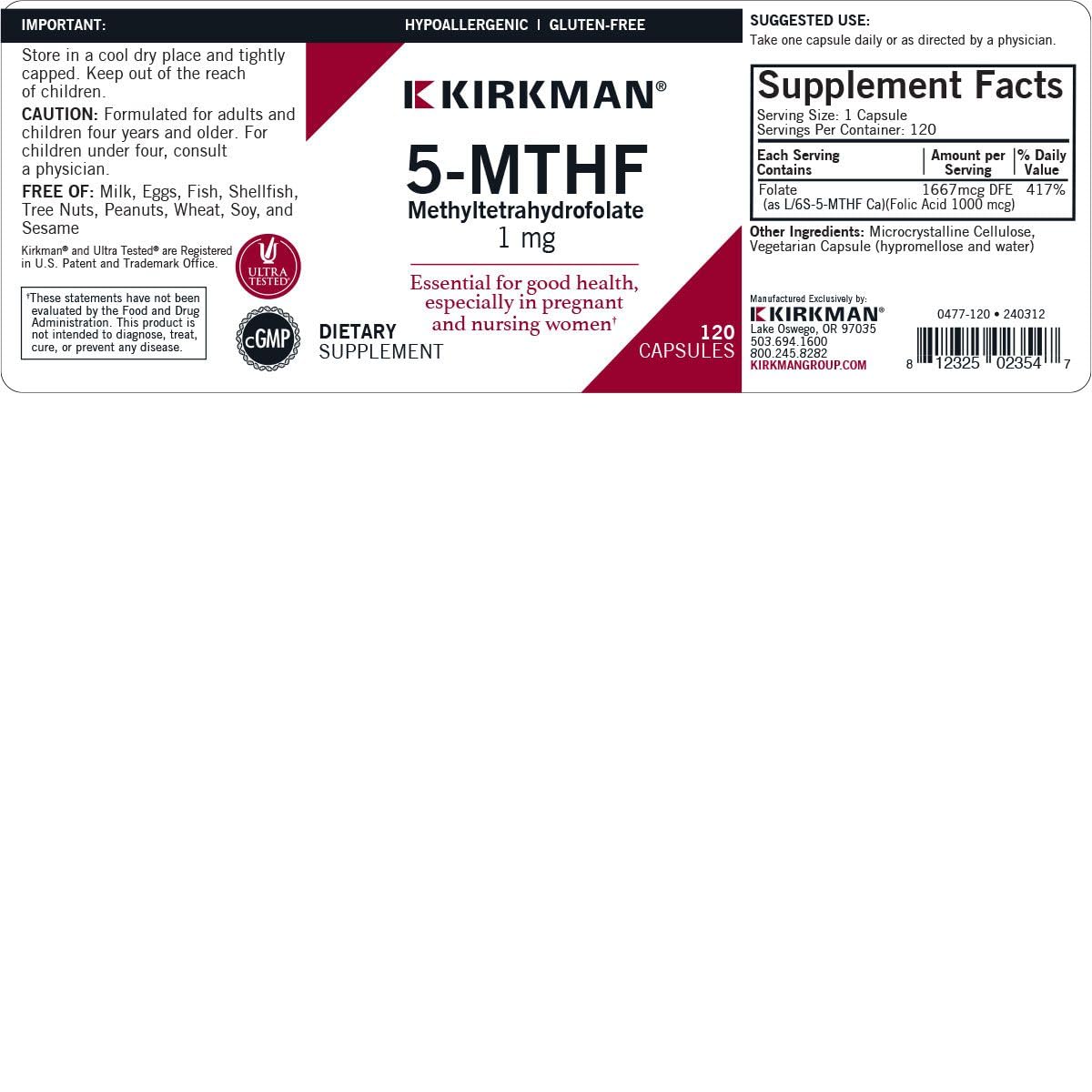 Kirkman 5-MTHF - 5-METHYLTETRAHYDROFOLATE Capsule 180